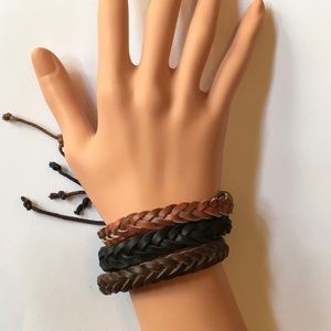 Set/3 Braided 100% Leather Bracelets Bn Blk Red Bn